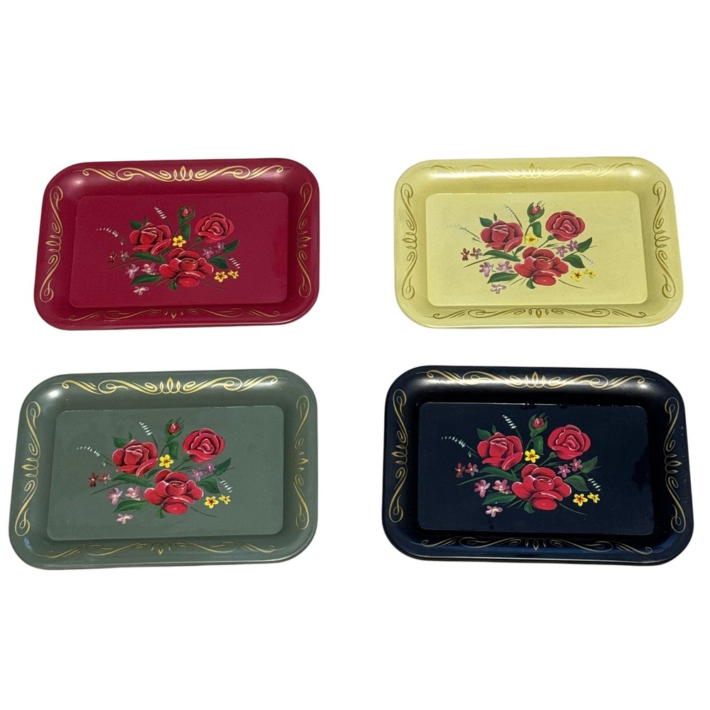 Four Vintage Metal Toleware Trays  Rose Floral Hand Painted Gold Scroll